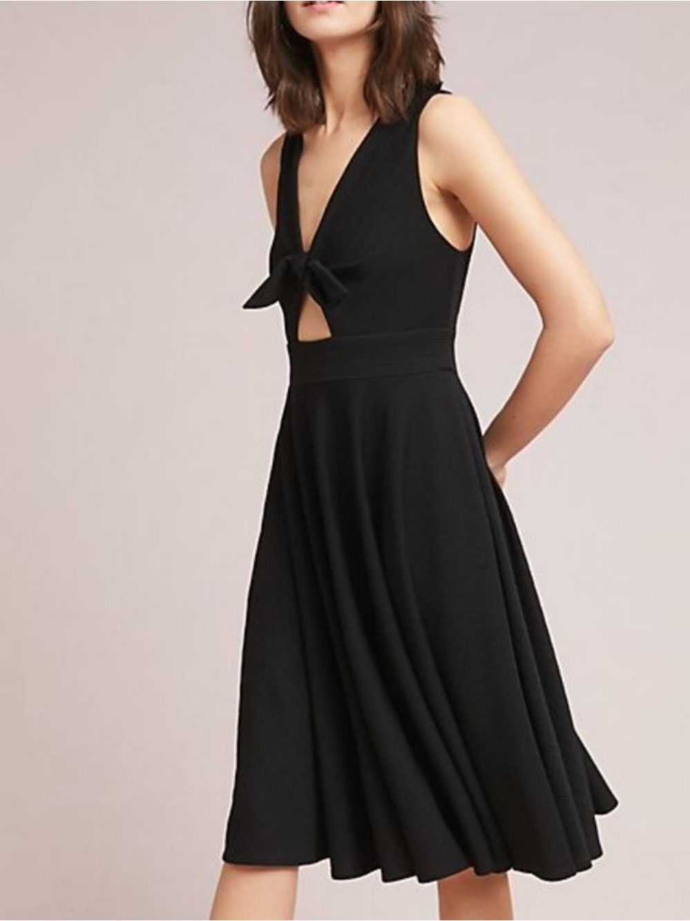 Anthropologie Hutch Black Ribbed Tie Front April Midi Dress Size M